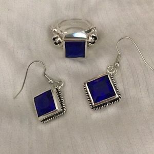 Blue and Silver earrings and ring set